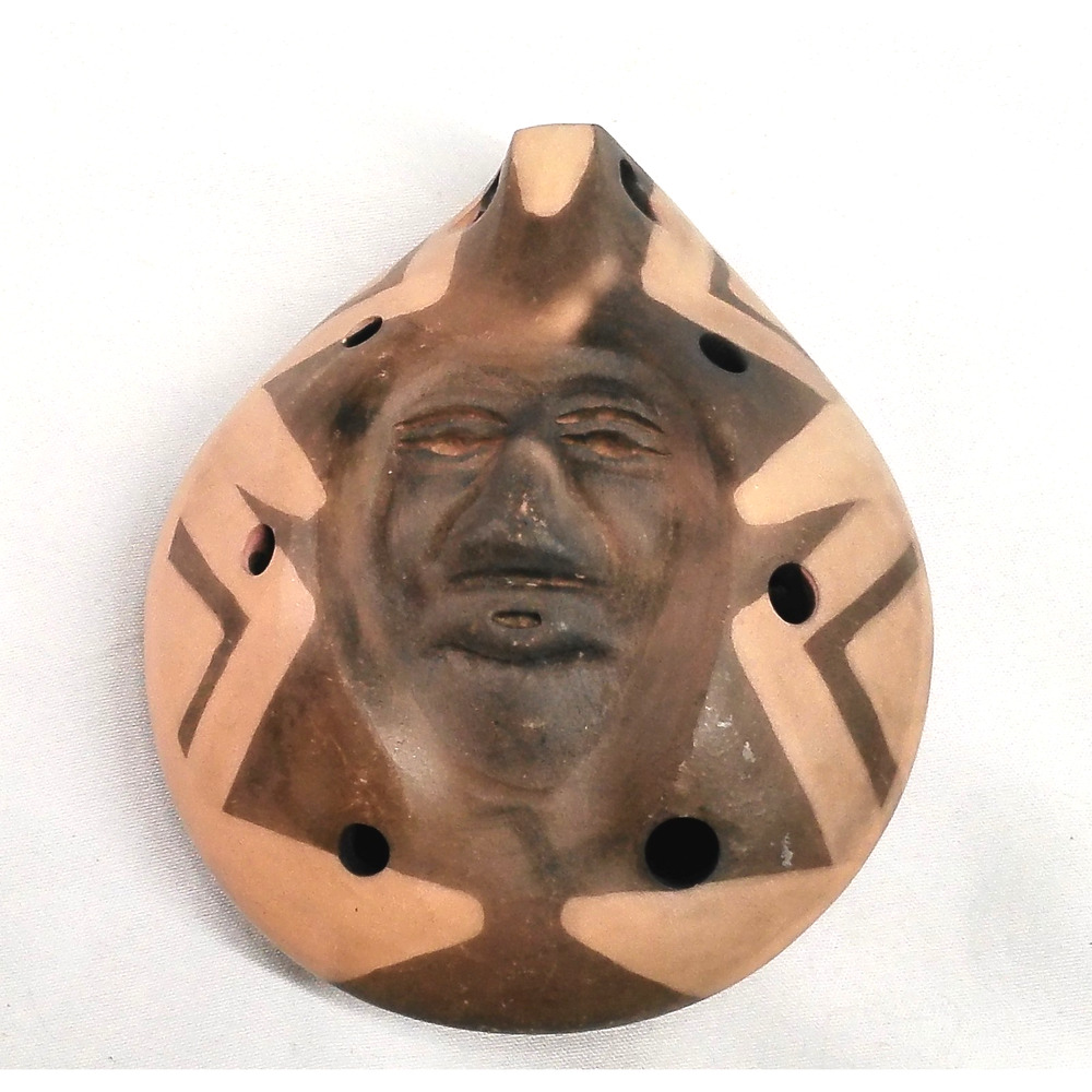 Handmade Chilean Ocarina Flute Face Pottery Signed Guerrero Chile